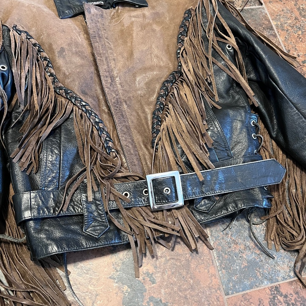 Vintage Wilsons Leather Fringe Jacket Womens S Black Brown Motorcycle Biker 90s - Picture 8 of 16